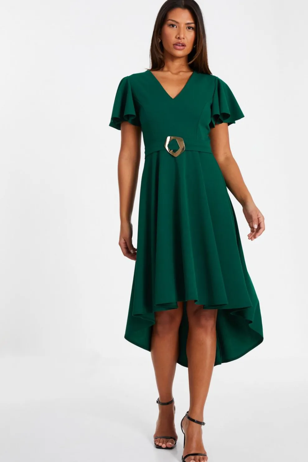 Bottle Green Buckle Detail Midi Dress