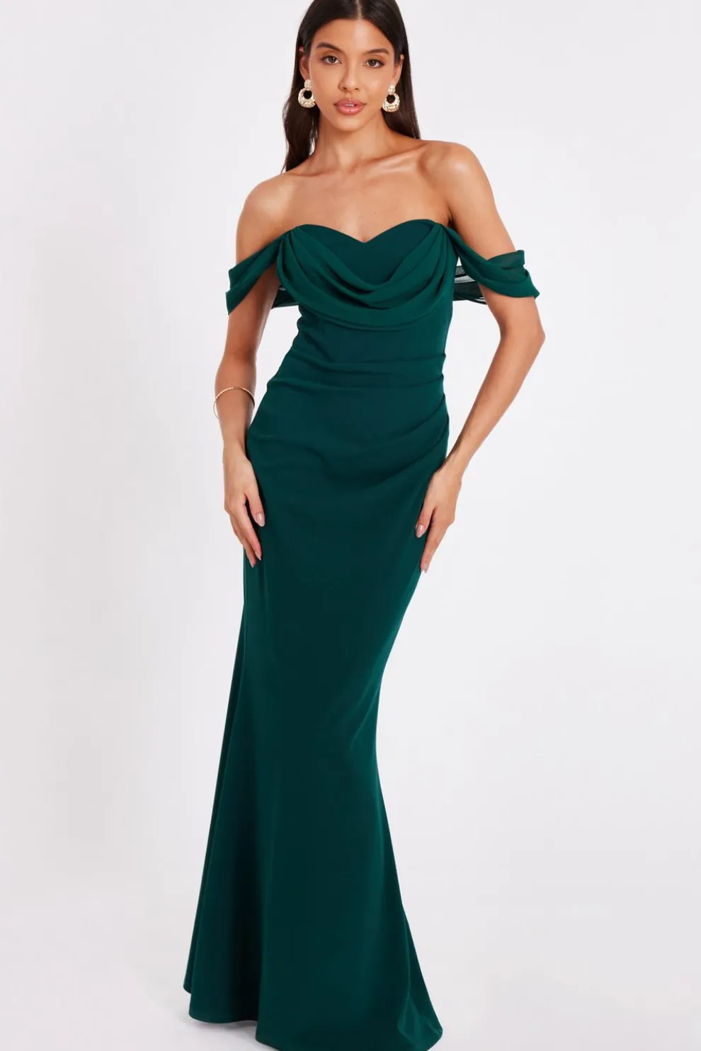 Bottle Green Chiffon Bardot Maxi Dress
