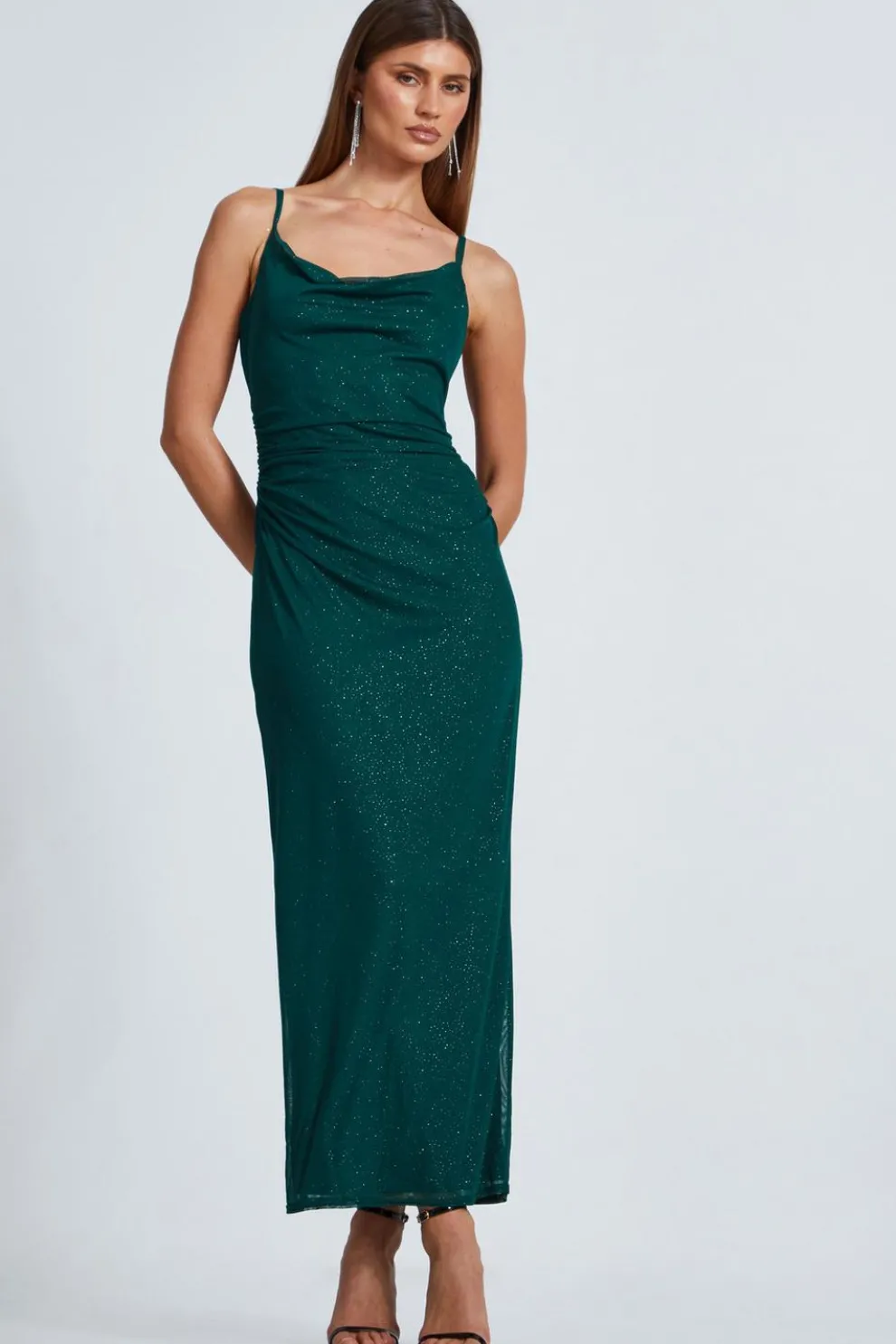 Bottle Green Glitter Mesh Midaxi Dress