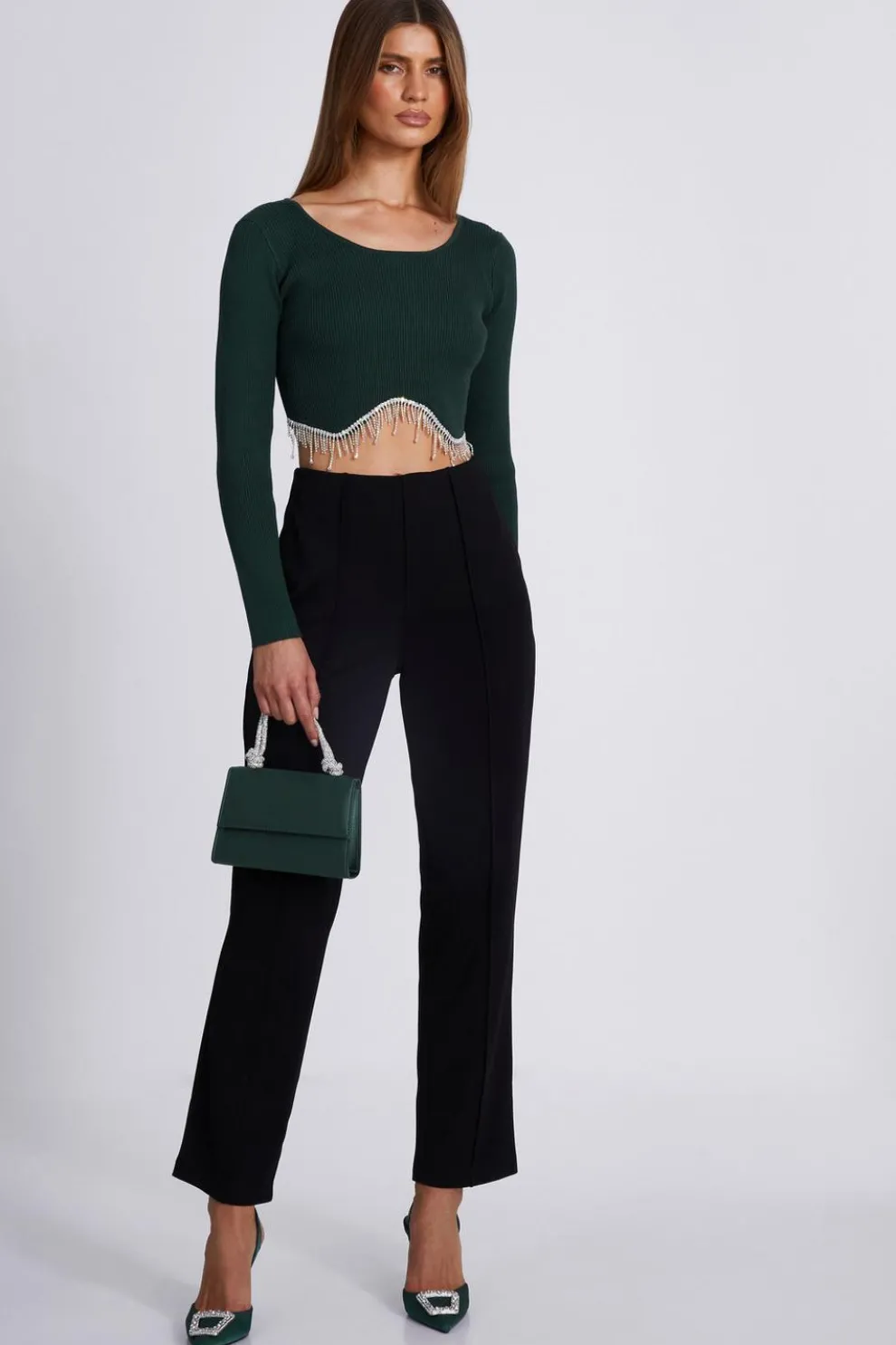 Bottle Green Knit Diamante Crop Top