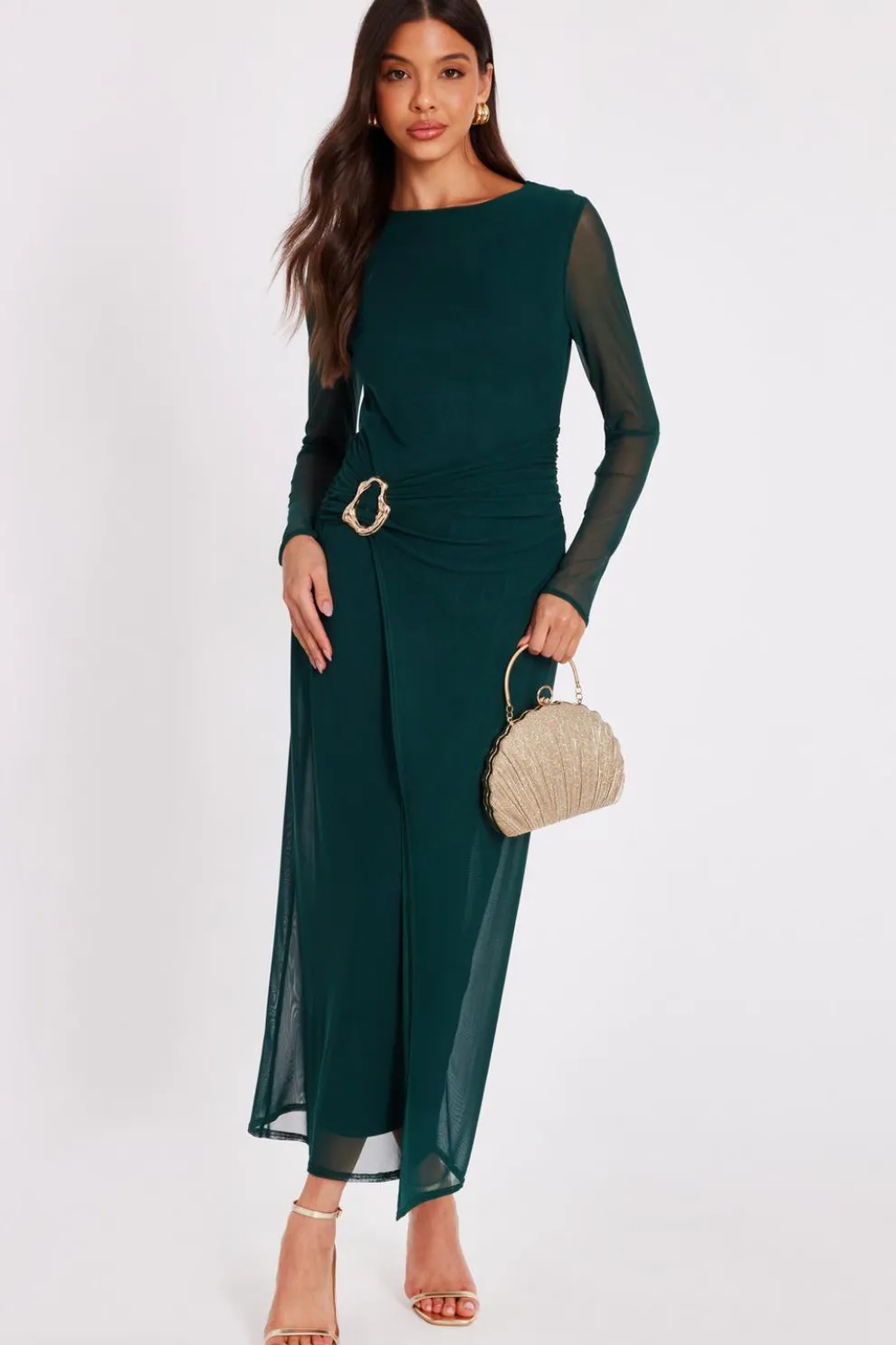 Bottle Green Mesh Buckle Midaxi Dress