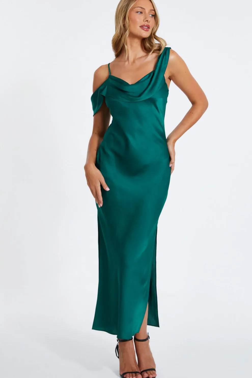 Bottle Green Satin Drop Shoulder Maxi Dress