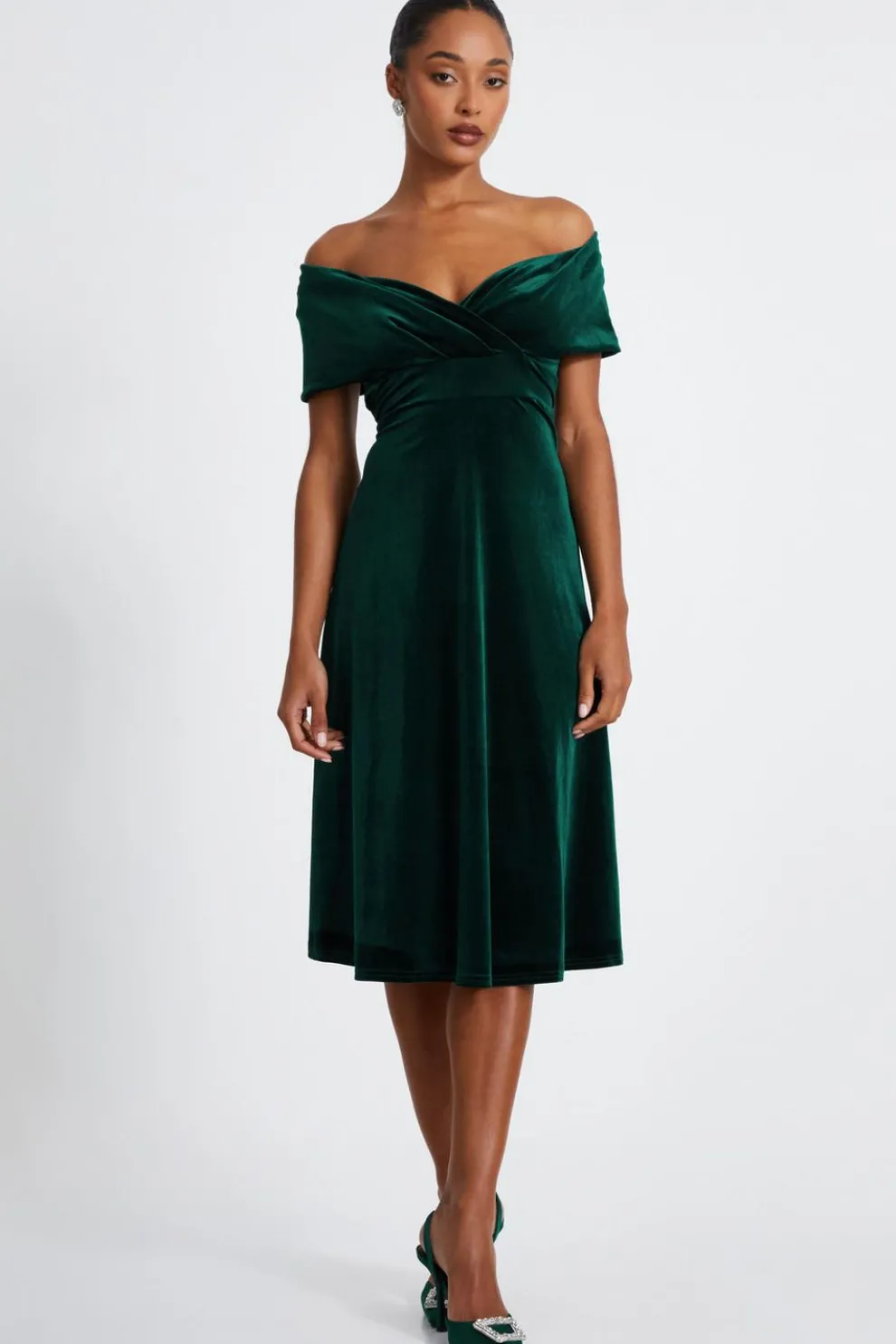 Bottle Green Velvet Bardot Midi Dress
