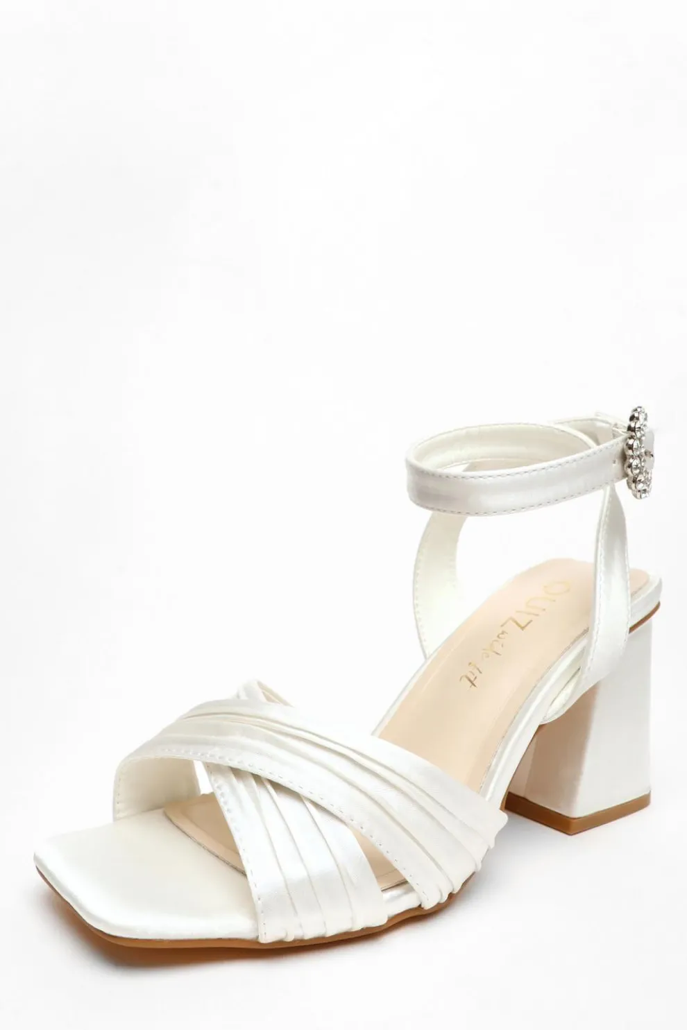 Bridal Wide Fit White Satin Block Heel Sandals
