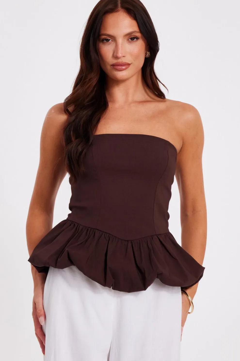 Brown Bandeau Bubble Hem Top