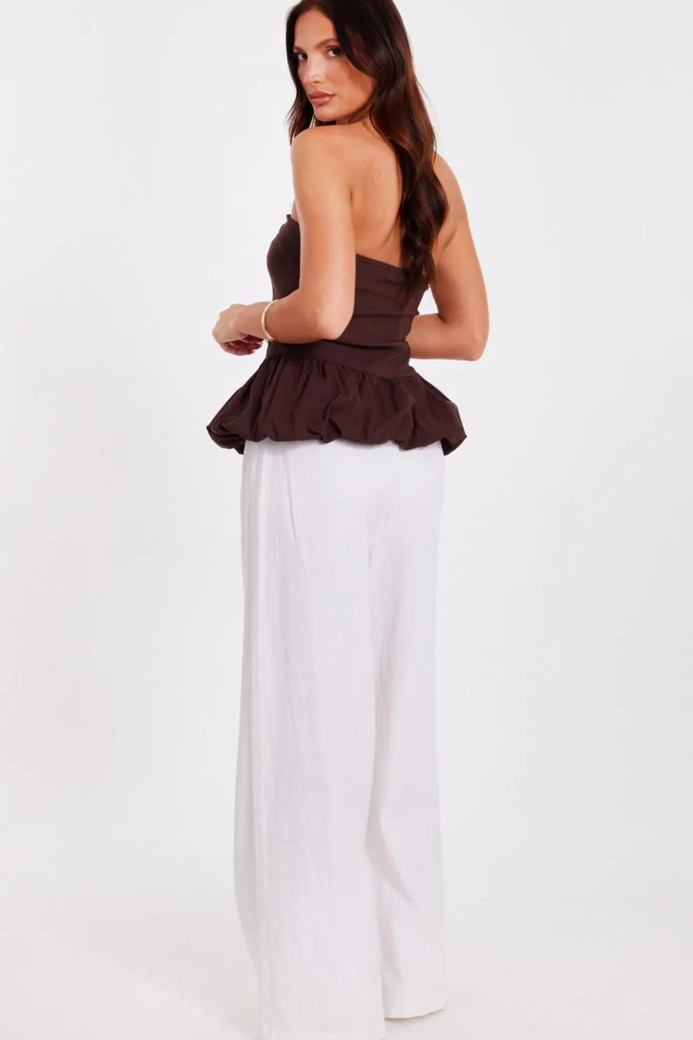 Brown Bandeau Bubble Hem Top