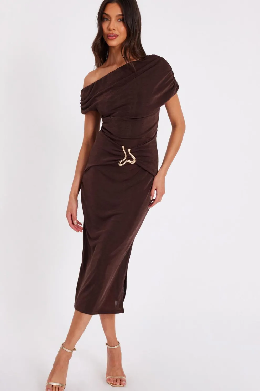 Brown Drop Sleeve Buckle Midaxi Dress