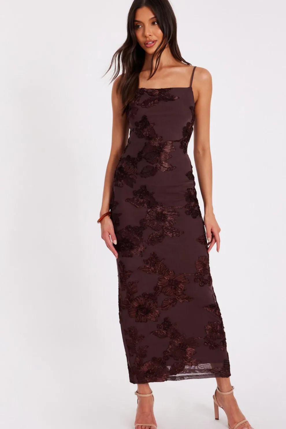 Brown Floral Applique Midaxi Dress