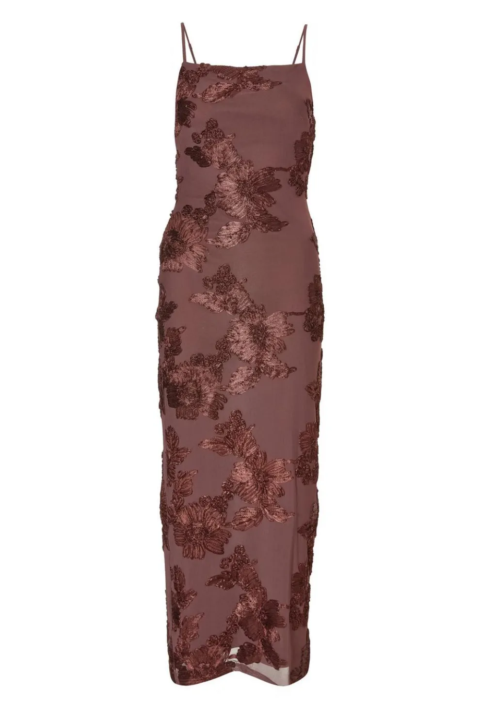 Brown Floral Applique Midaxi Dress