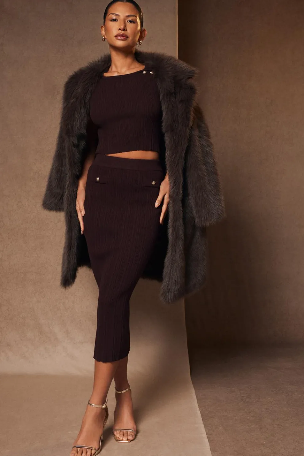 Brown Knitted Button Detail Skirt