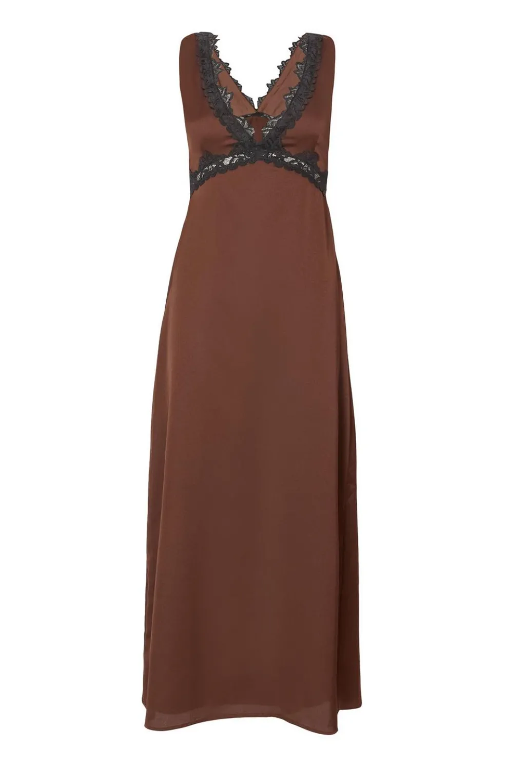 Brown Lace Trim Midaxi Dress