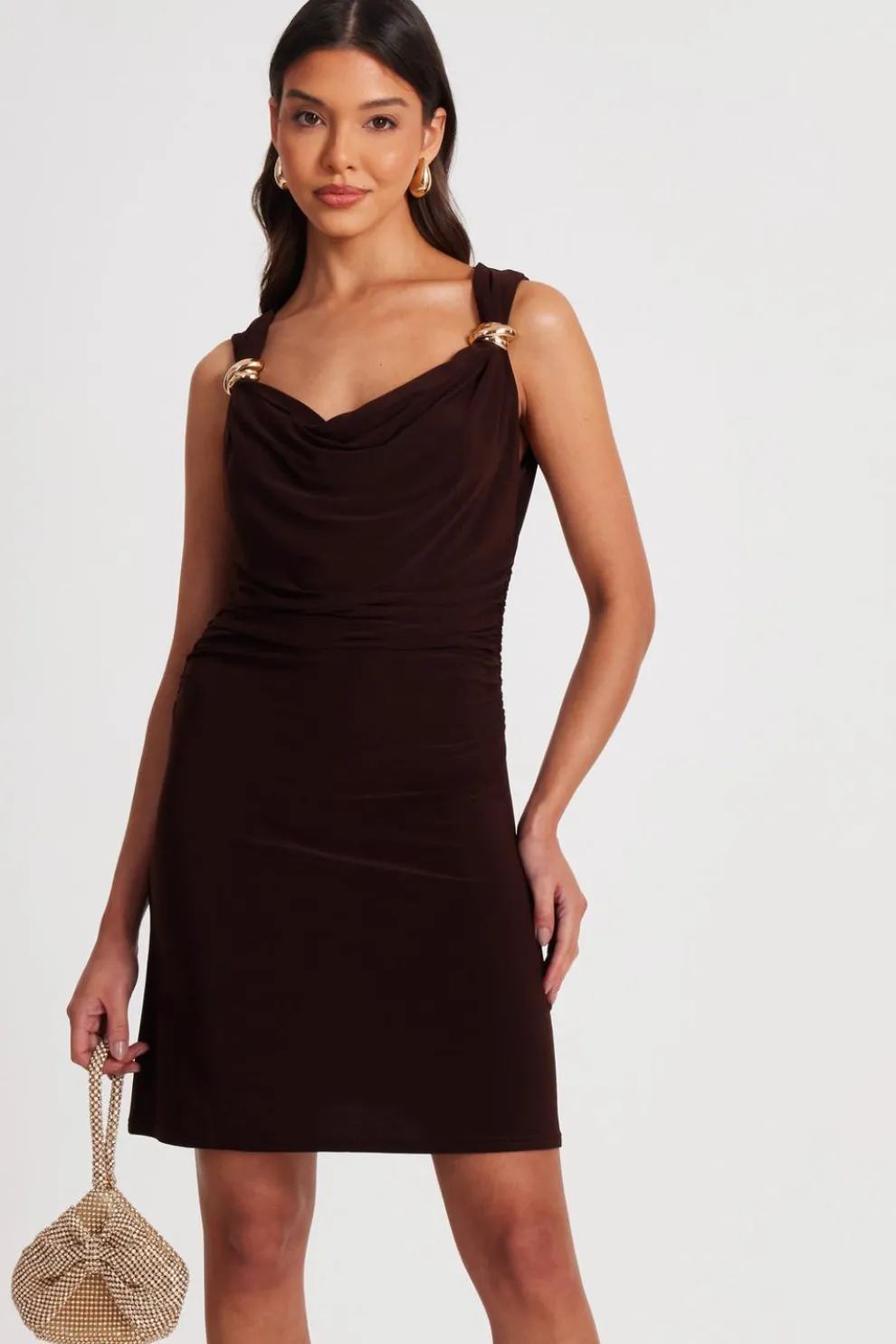 Brown Mesh Cowl Neck Mini Dress