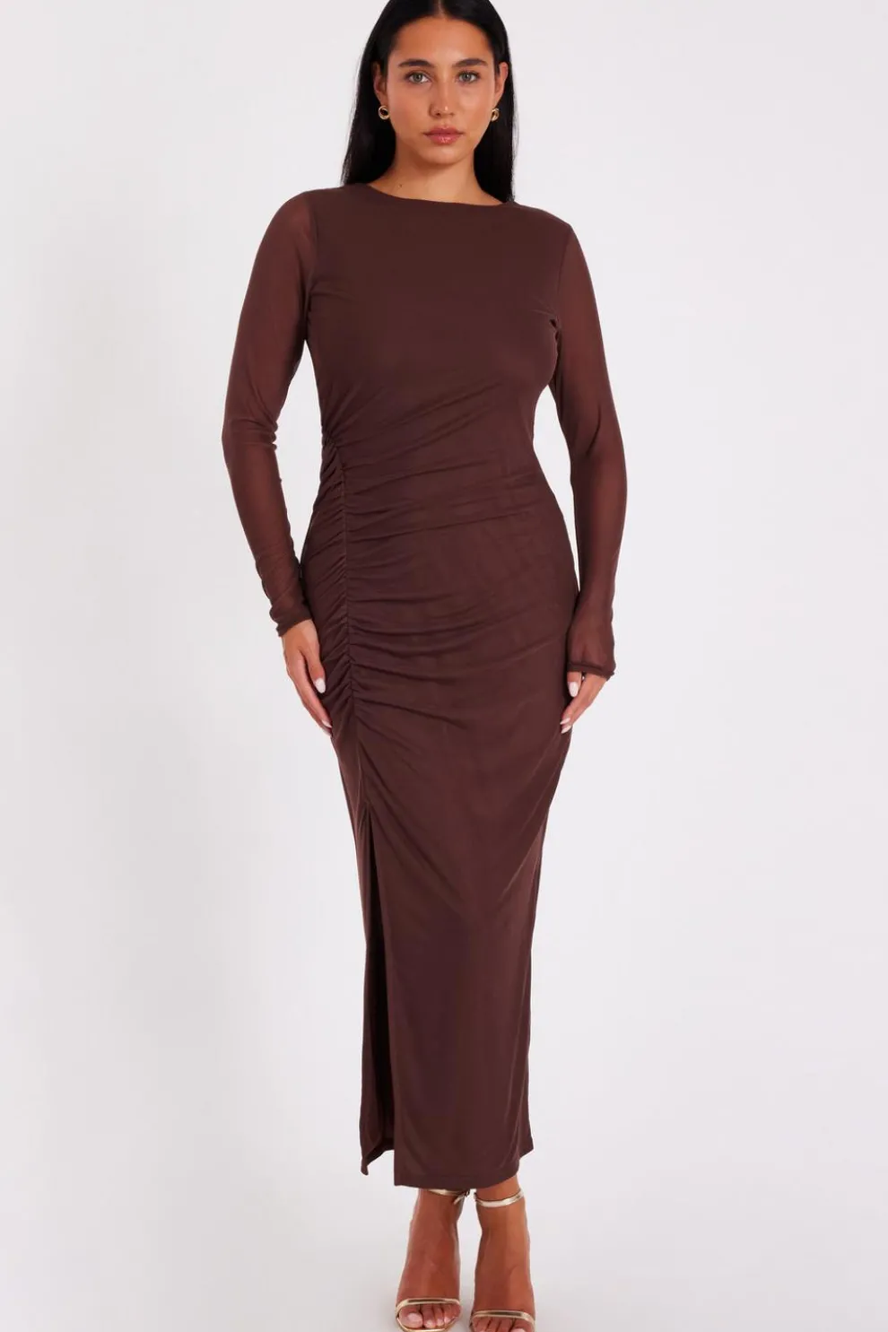 Brown Mesh Long Sleeve Midaxi Dress