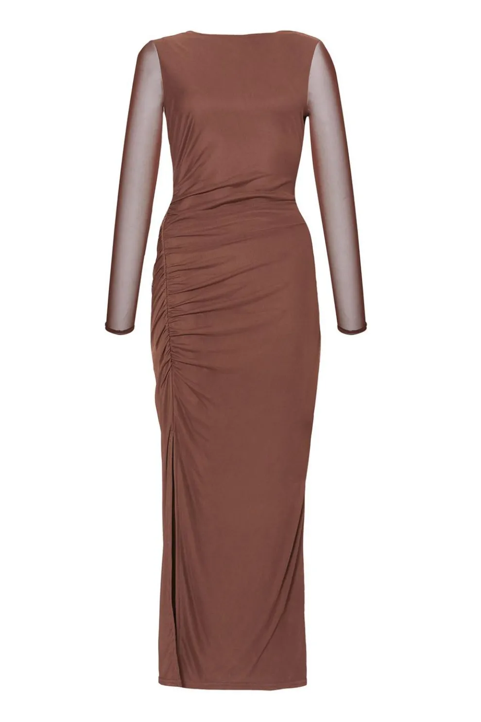 Brown Mesh Long Sleeve Midaxi Dress