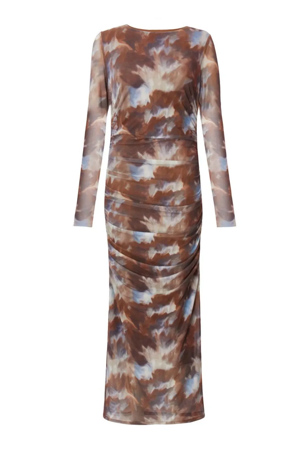 Brown Mesh Printed Midaxi Dress