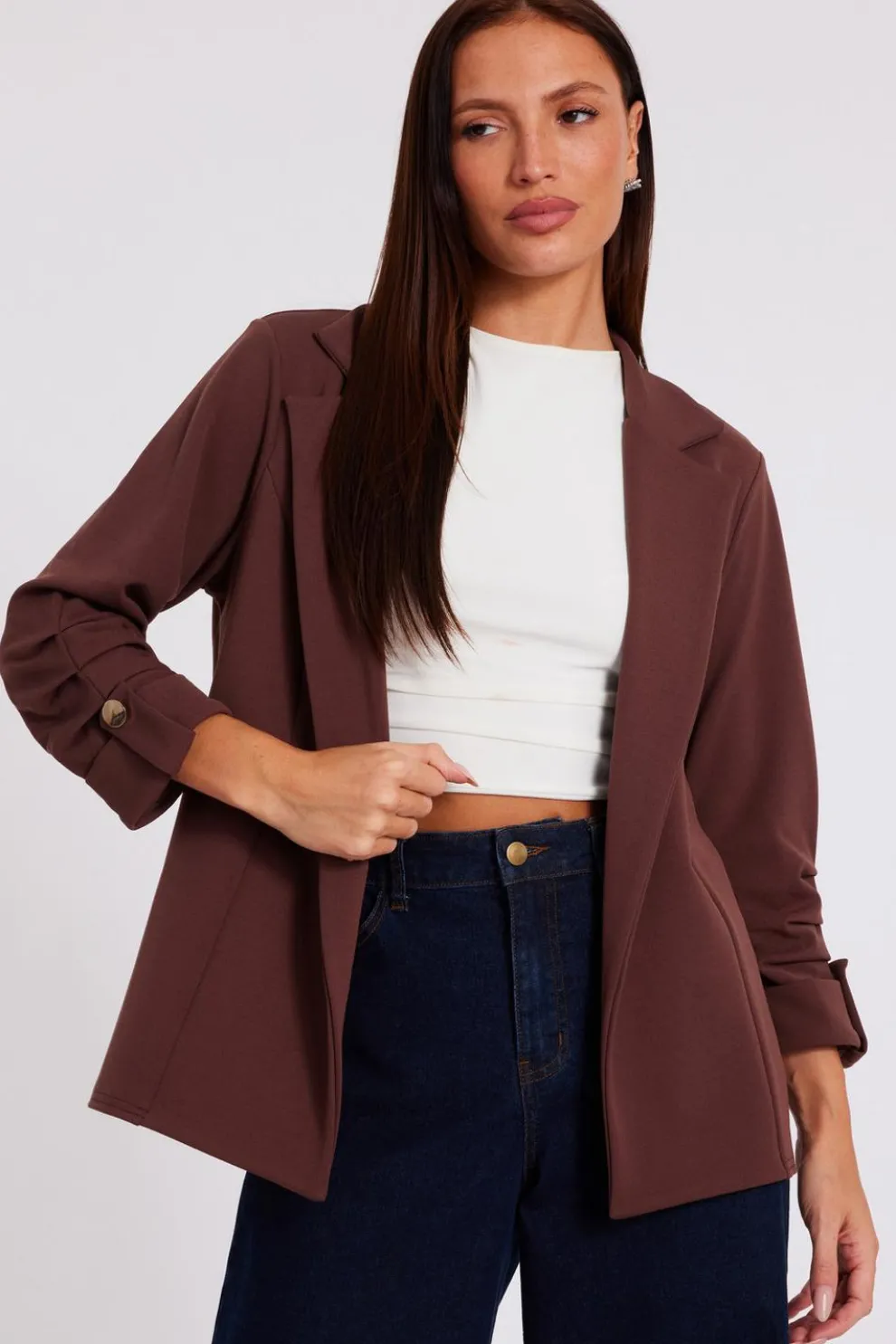 Brown Ruched Sleeve Blazer