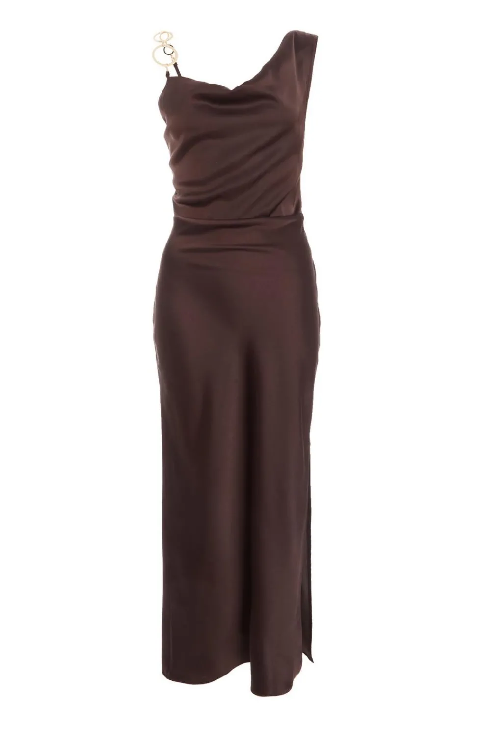 Brown Satin Cowl Neck Midaxi Dress