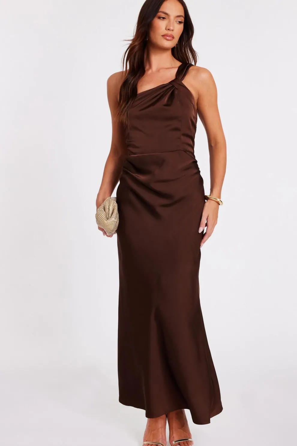 Brown Satin One Shoulder Midaxi Dress