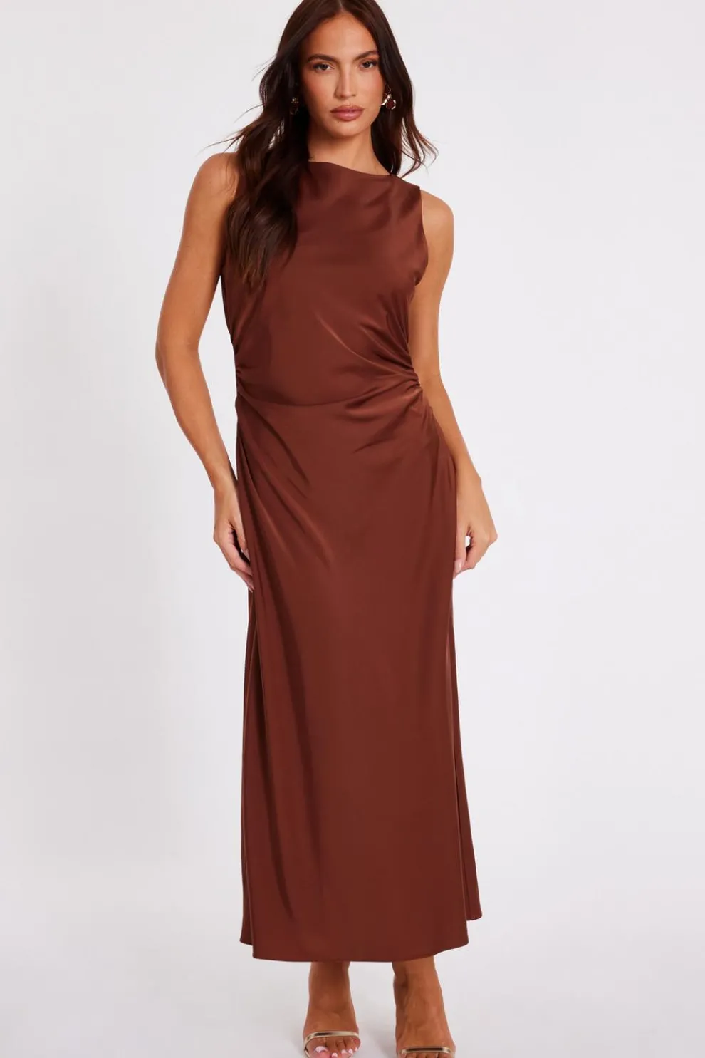 Brown Satin Ruched Midi Dress