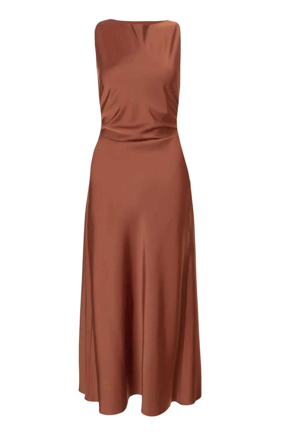 Brown Satin Ruched Midi Dress