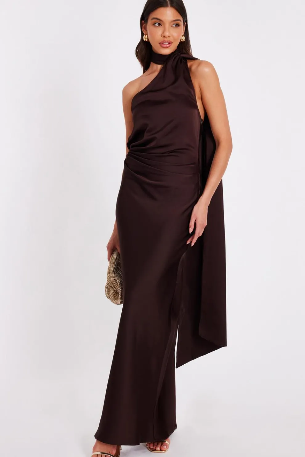 Brown Satin Wrap Neck Maxi Dress