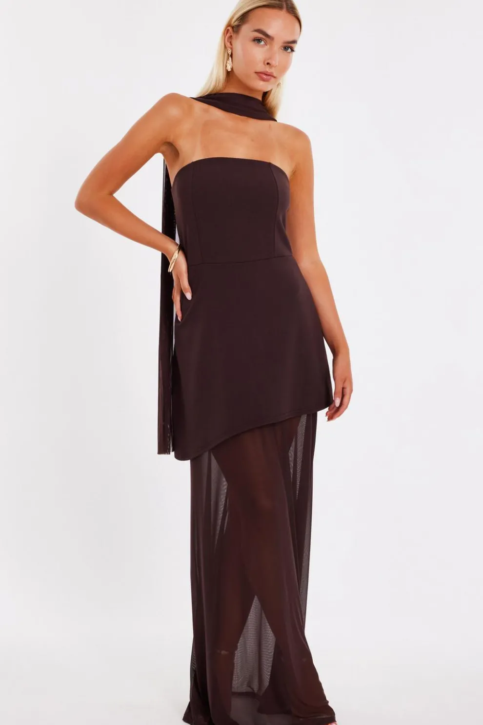 Brown Strapless Mesh Hem Maxi Dress