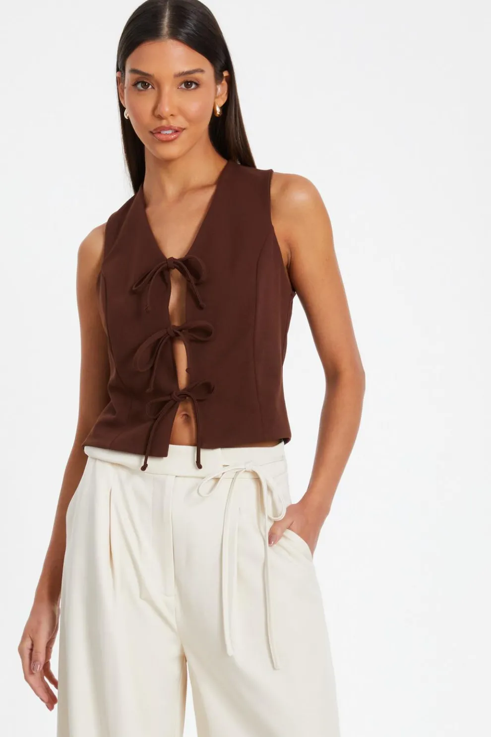 Brown Tie Up Sleeveless Waistcoat