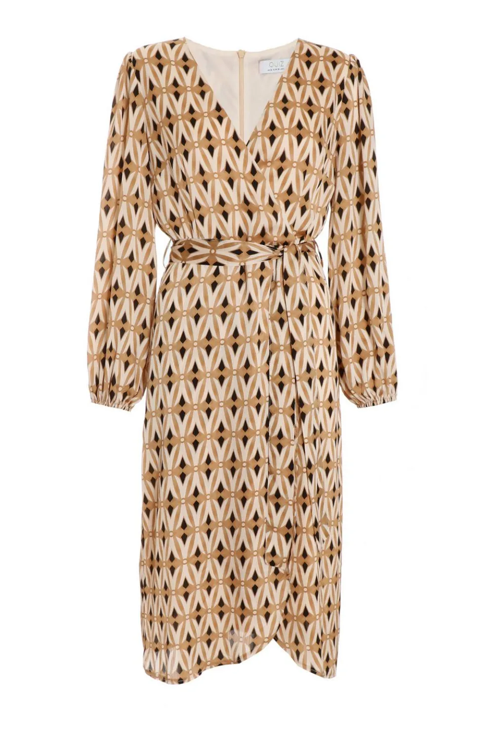 Camel Geometric Print Wrap Midi Dress