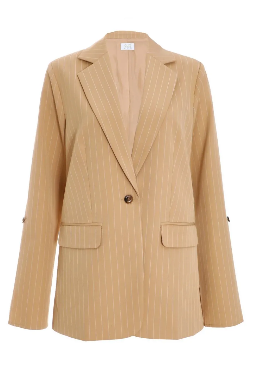 Camel Pinstripe Ruched Sleeve Blazer