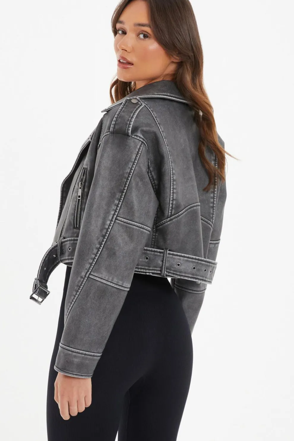 Charcoal Faux Leather Oversized Biker Jacket