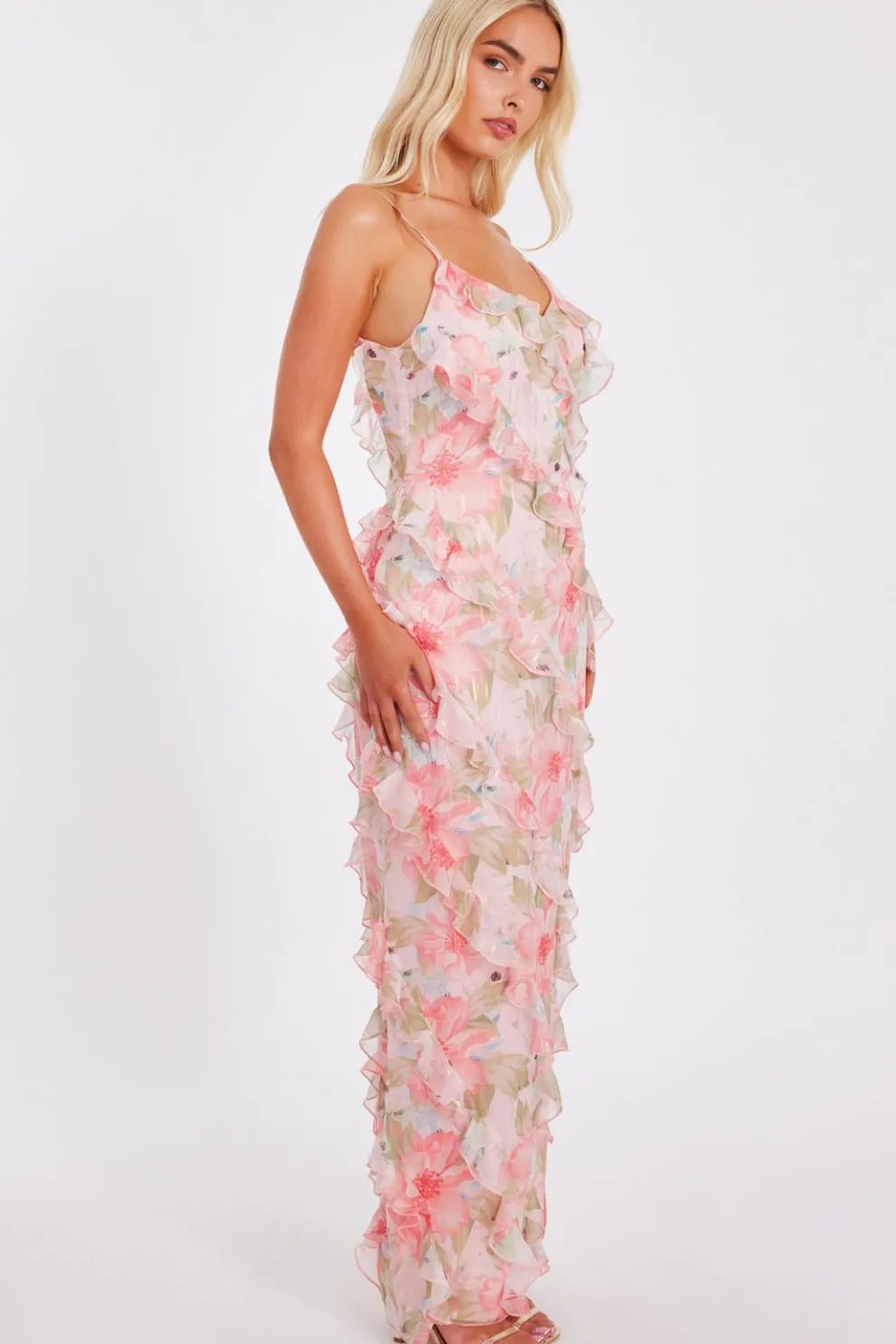 Coral Chiffon Floral Maxi Dress