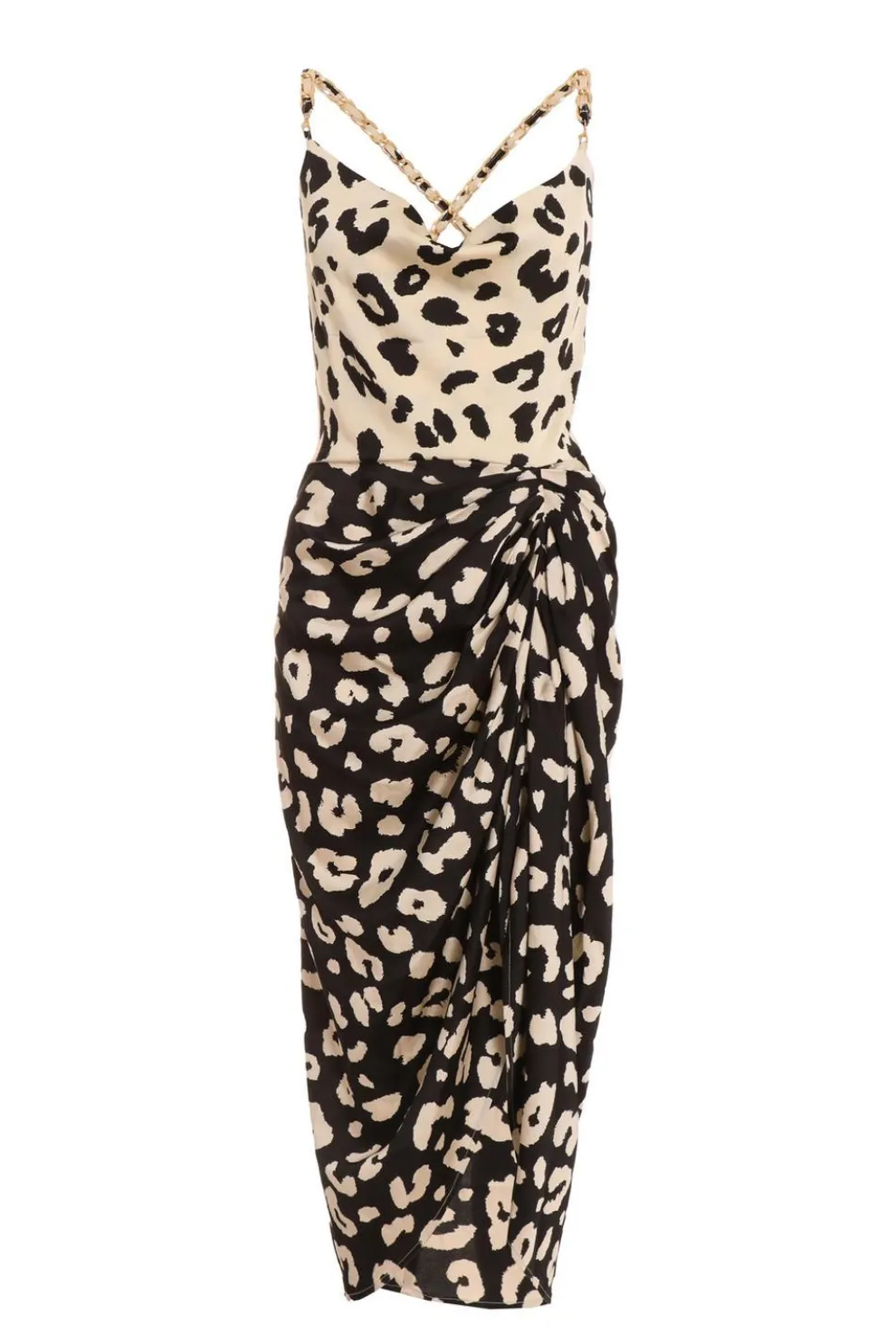 Cream Animal Print Ruched Midi Dress