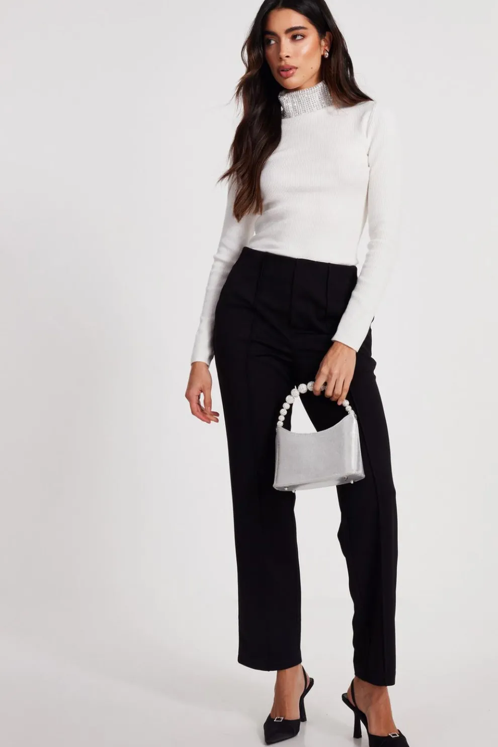 Cream Diamante Turtle Neck Jumper