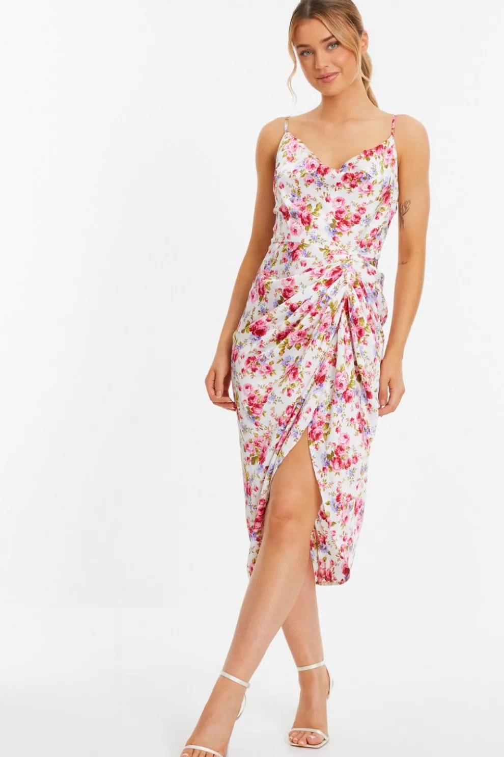 Cream Floral Satin Ruched Midi Dress