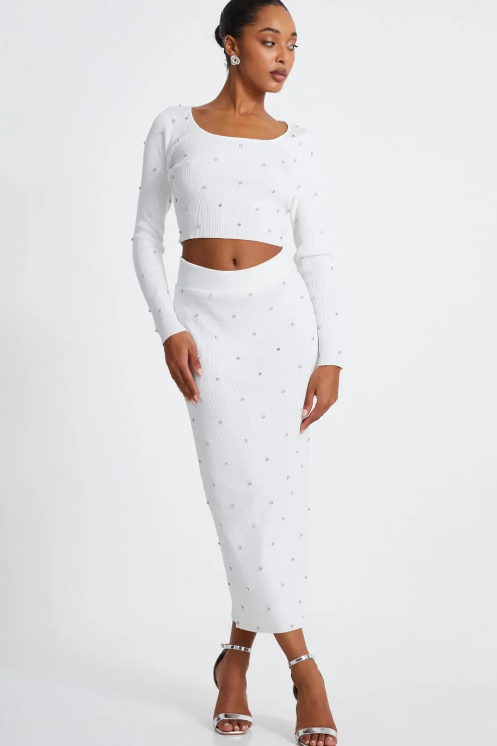 Cream Knit Diamante Midi Skirt