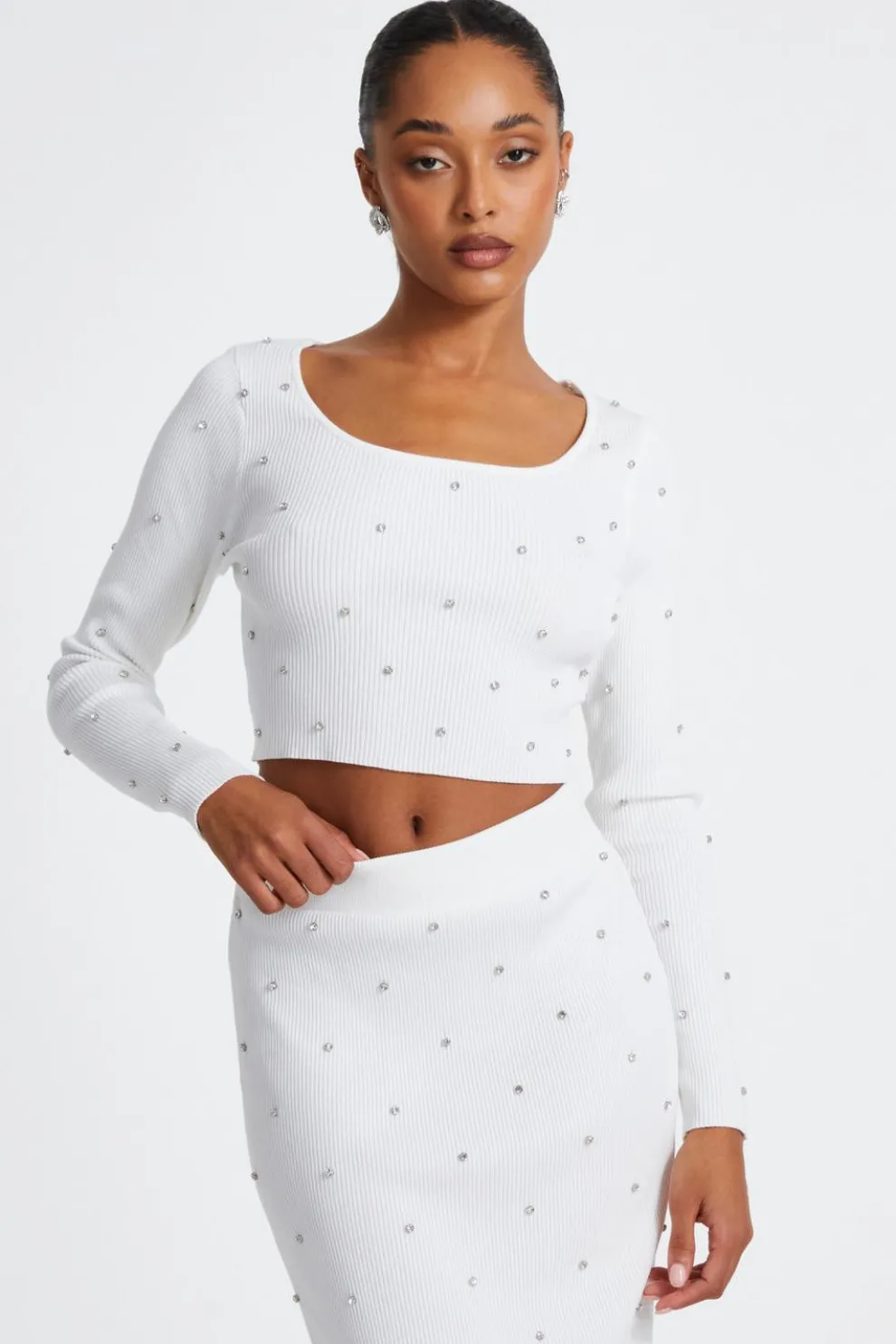 Cream Knit Diamante Cropped Jumper
