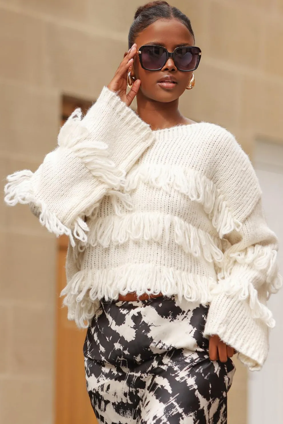 Cream Knit Fringe Detail Jumper