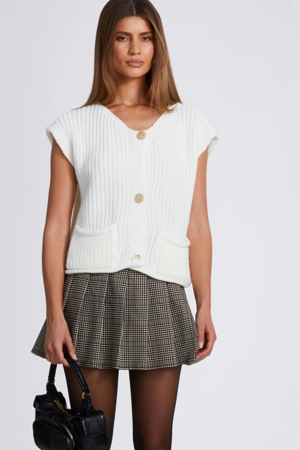Cream Knit Sleeveless Cardigan