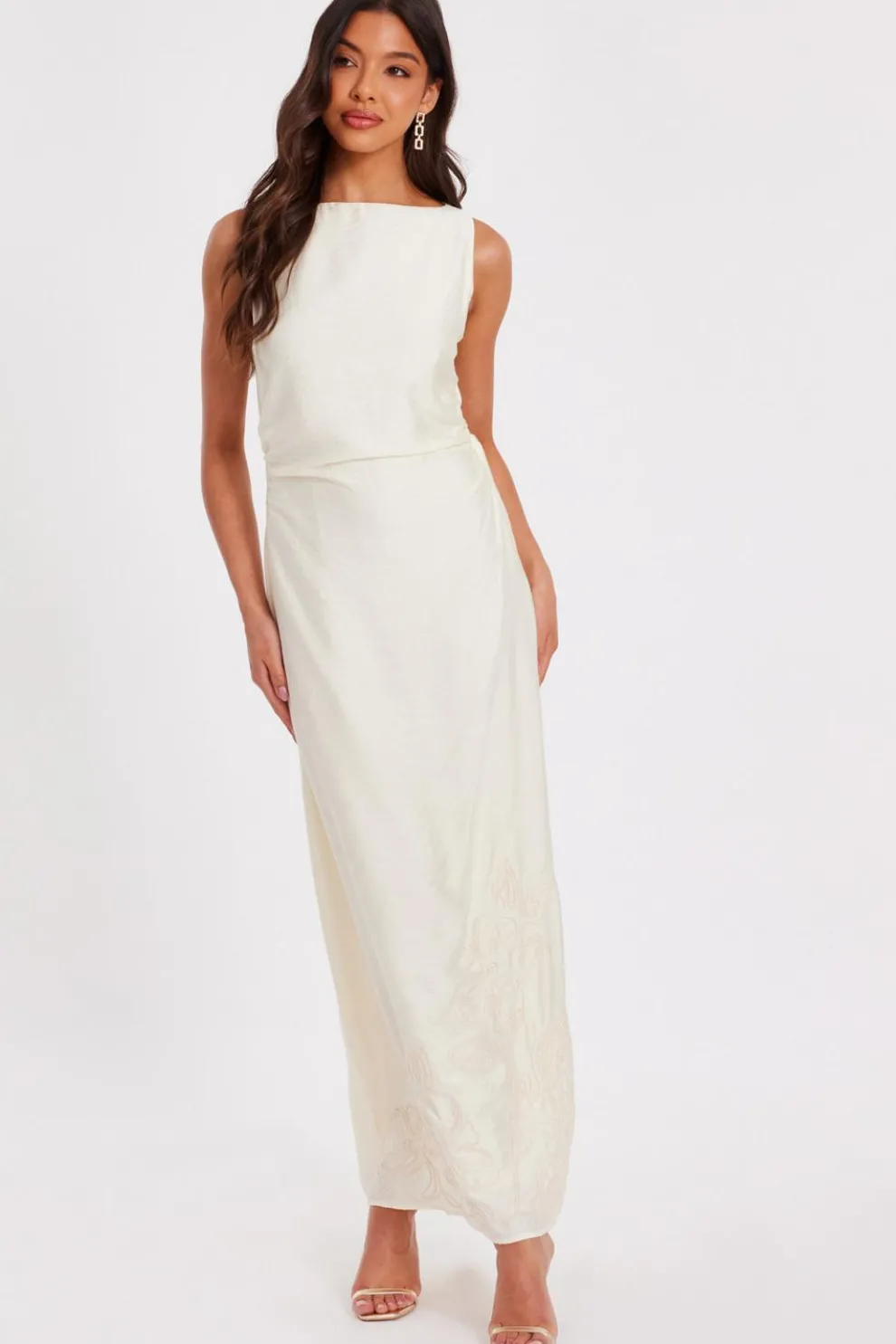 Cream Linen Embroidered Midaxi Dress