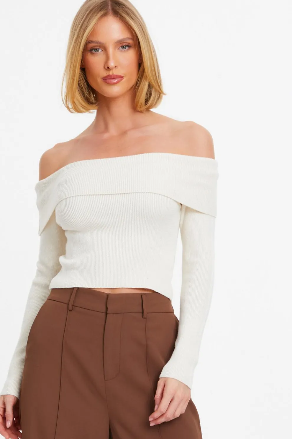 Cream Ribbed Bardot Jumper