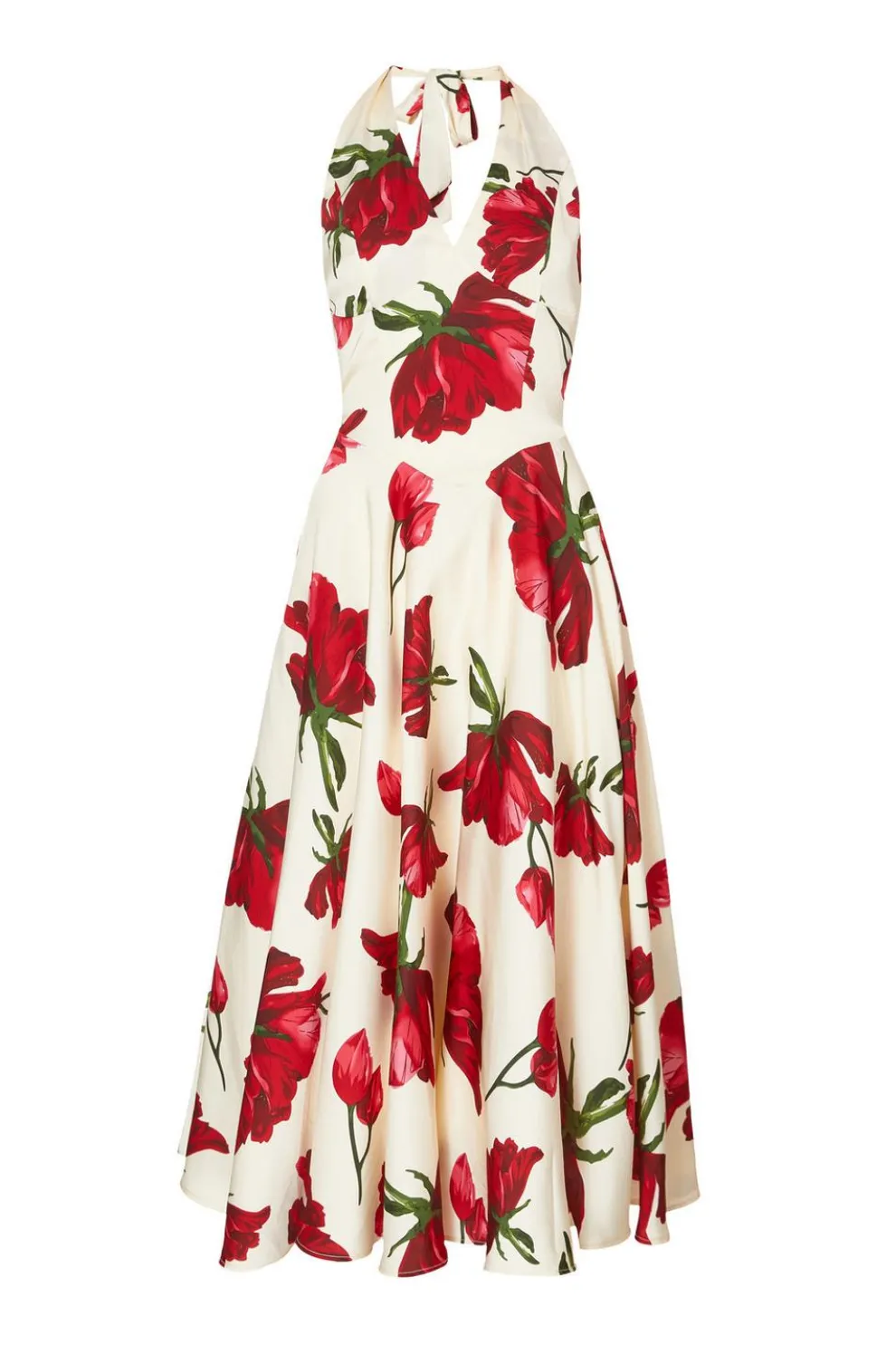 Cream Satin Rose Print Midi Dress