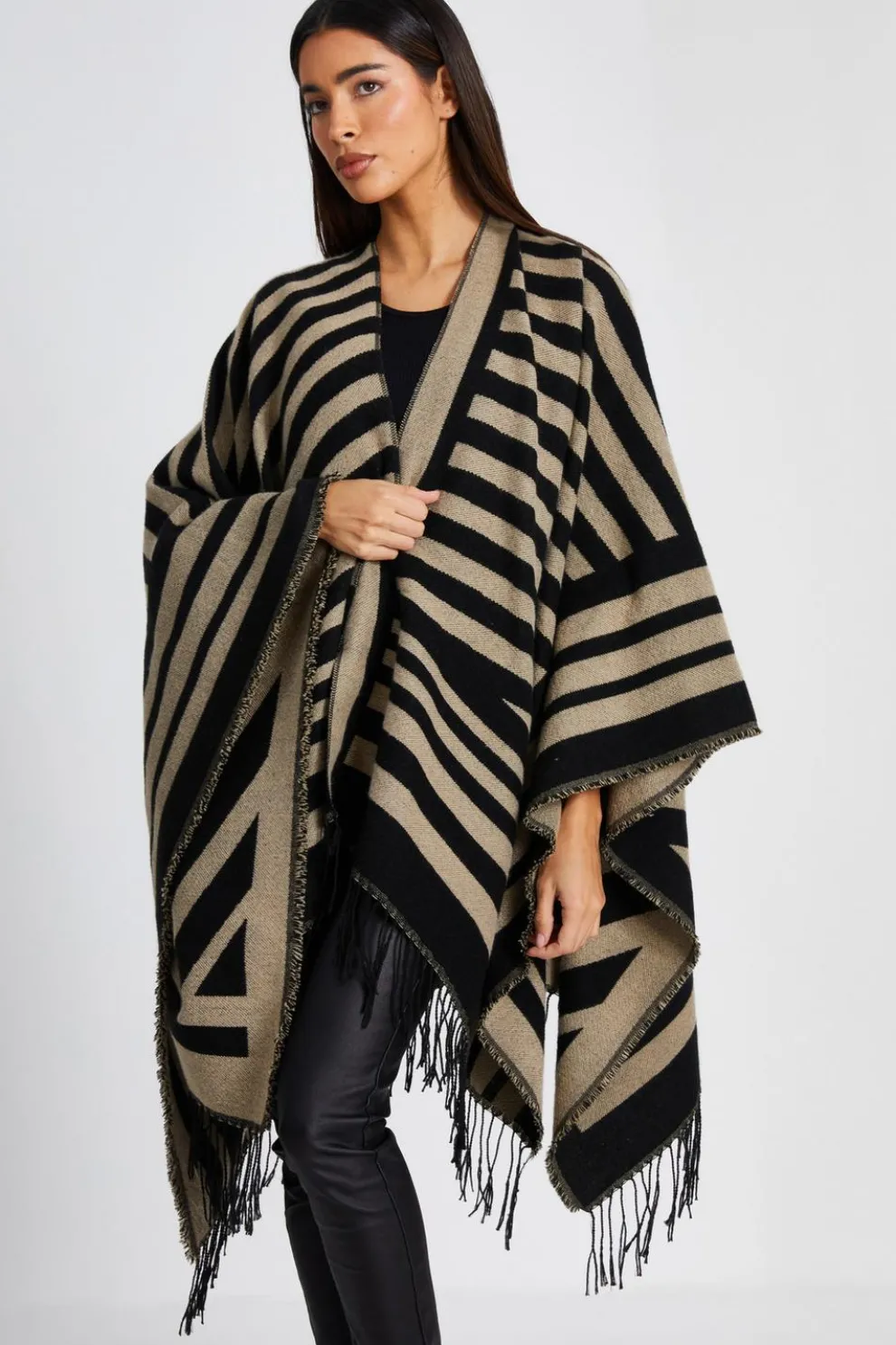Cream Stripe Tassel Cape