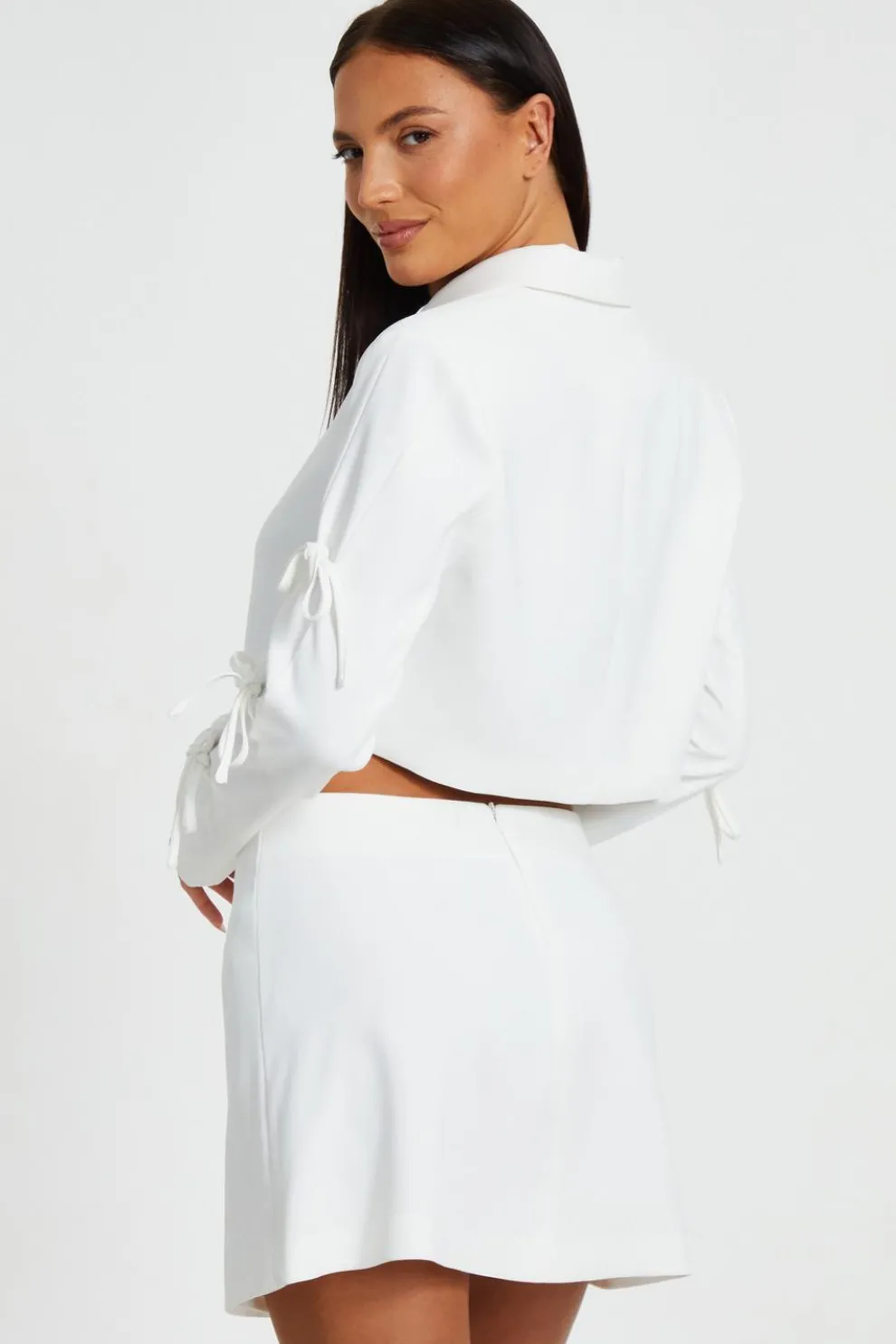 Cream Tie Sleeve Cropped Blazer