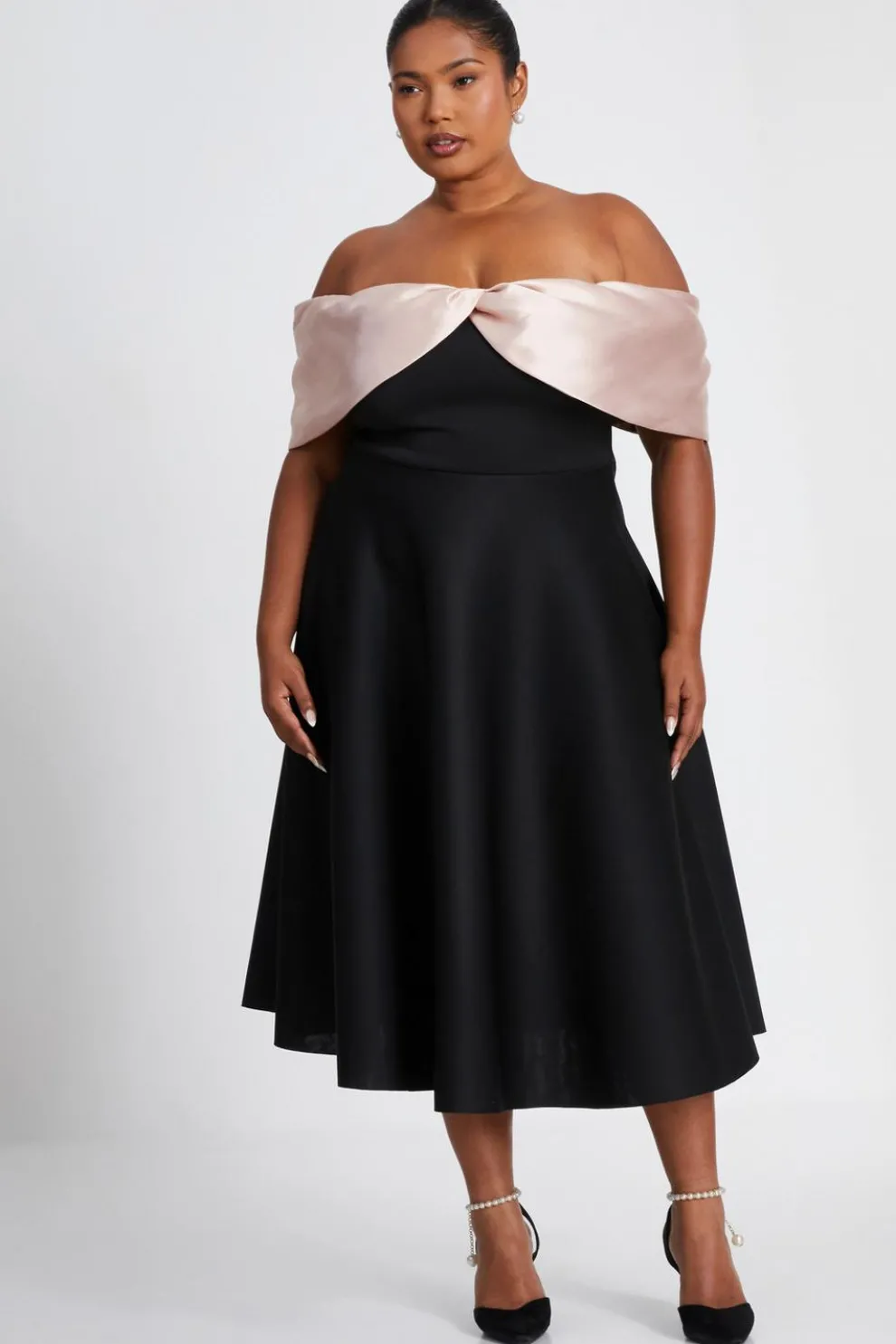 Curve Black Contrast Bardot Skater Midi Dress