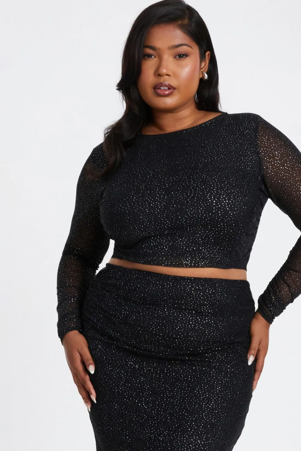 Curve Black Glitter Mesh Long Sleeve Top