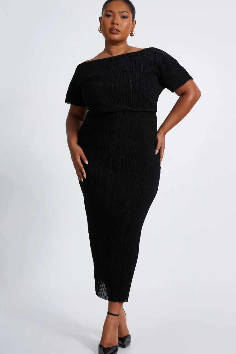 Curve Black Pleated Midi Dress