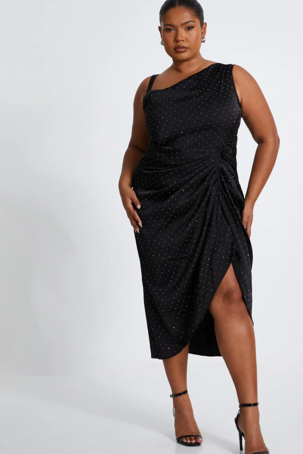 Curve Black Rhinestone Satin Midi Dress