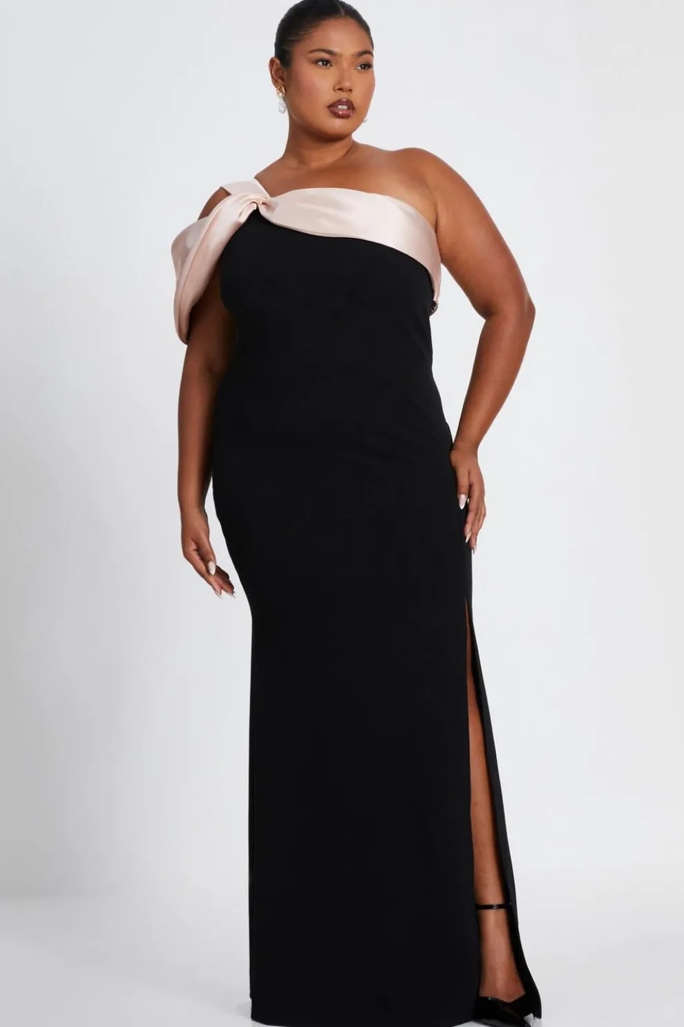 Curve Black Satin Off the Shoulder Maxi Dress