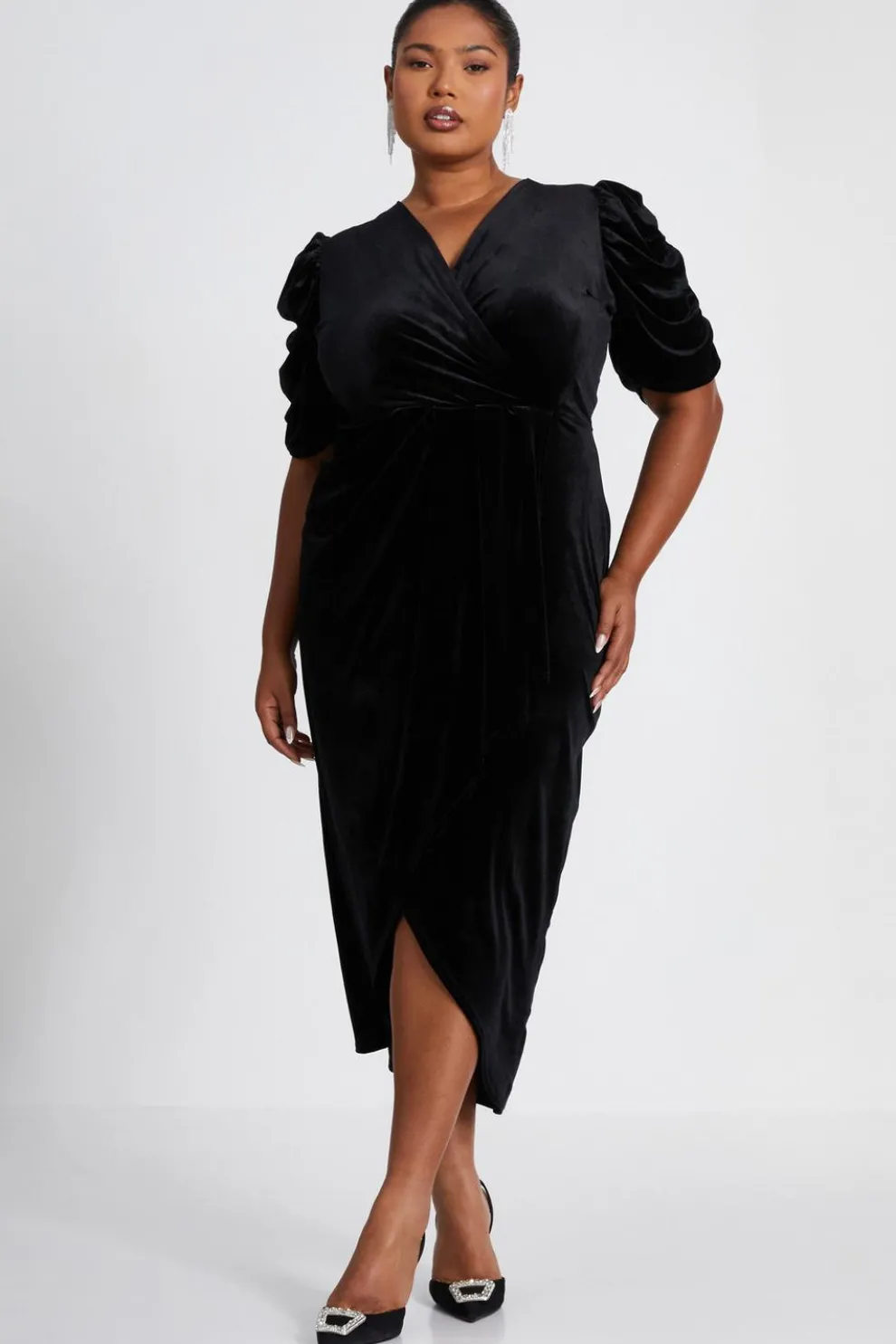 Curve Black Velvet Wrap Midi Dress