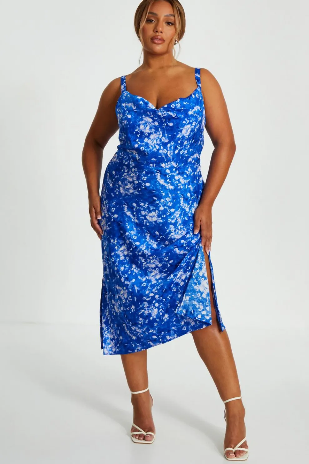 Curve Blue Ditsy Floral Satin Midaxi Dress
